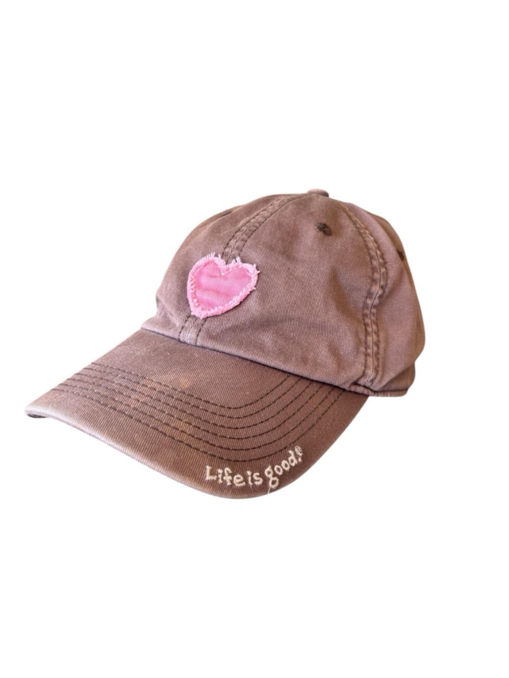 Life Is Good Brown Chill Cap Pink Heart Cotton Canvas Baseball Hat Adjustable OS